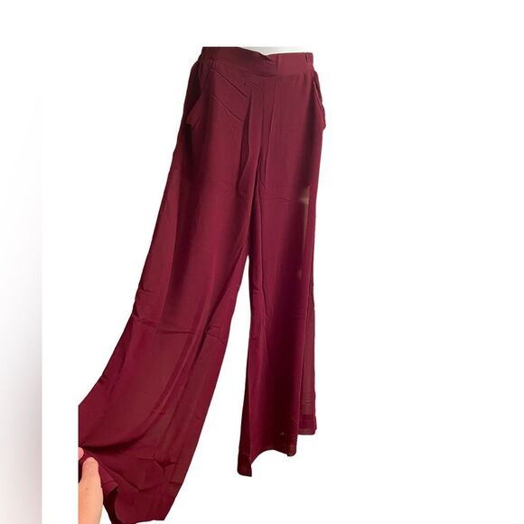 UNIQ Pants - UNIQ Sheer Burgundy Pants with Built In Sheer Shorts Extra Wide Leg Elastic